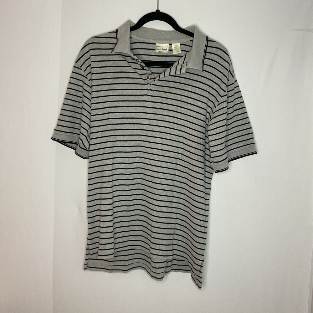 LL Bean Shirt Mens Medium Gray Short Sleeve Polo Striped Regular Fit OCF73‎